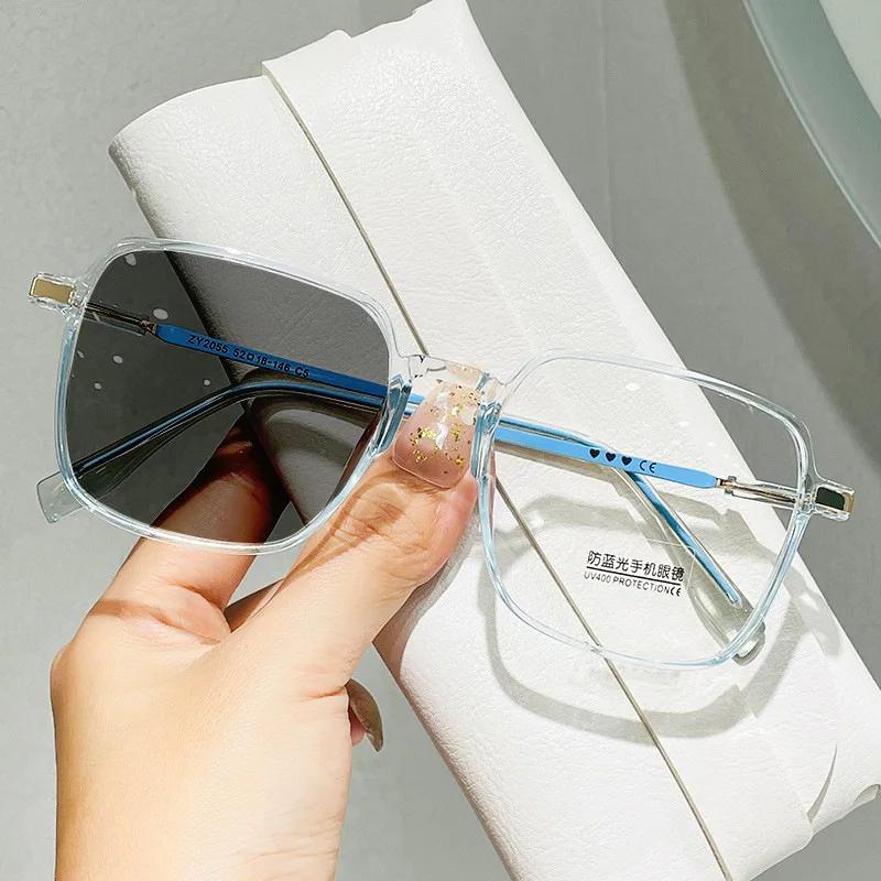 Male Female Large Frame Mirror Presbyopia Eyeglasses Gray Anti Blue Light Glasses +50+75+100 to+400 Photochromic Reading Glasses