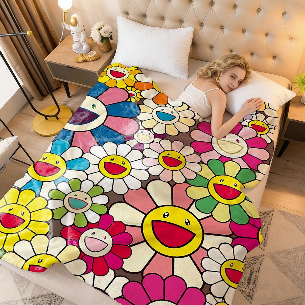 Takashi Murakami Sonnenblume Kniedecke Überwurfdecken für den Winter Mikrofaser Übergröße Baby Leicht Fleece Sofa Dekoration