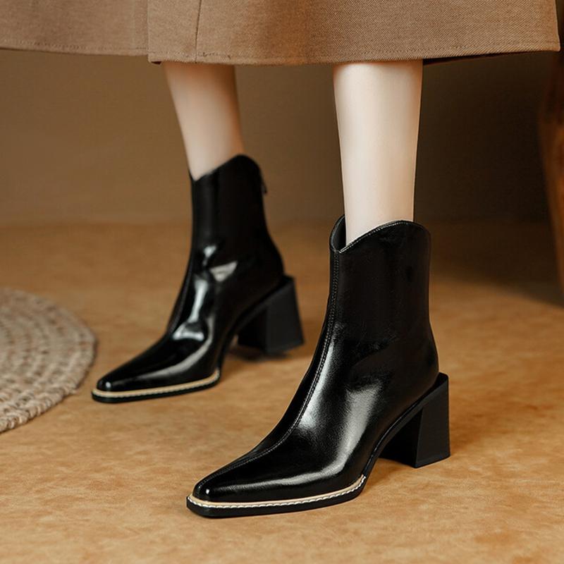 Fashion NEW Autumn Women Boots Split Leather Shoes for Women Square Toe Chunky Heel Shoes Zipper Short Modern Boots Concise Daily Shoes
