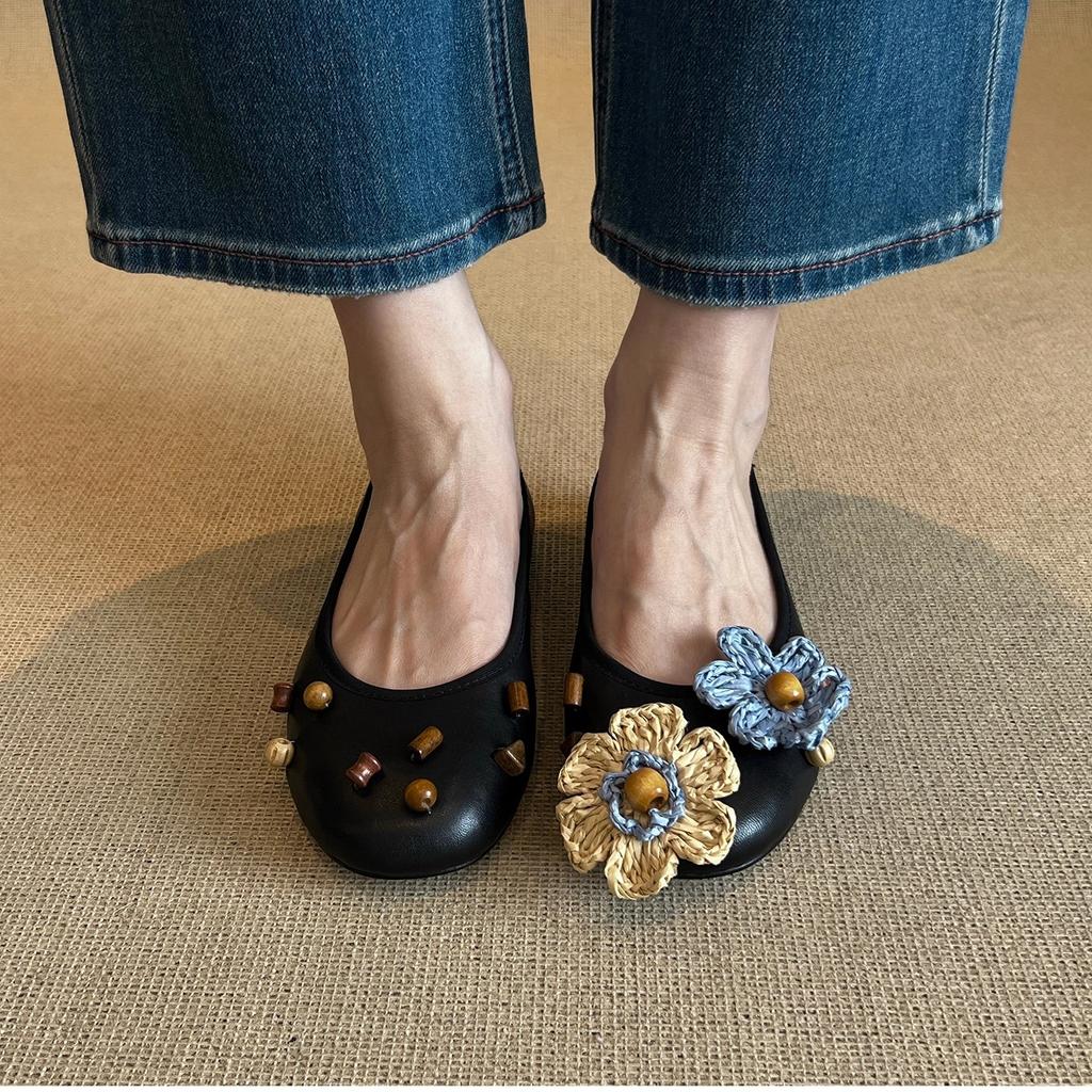 2025 New Niche Design Diy Flower Willow Nails Mary Jane Single Shoes Women's Leather Versatile Shallow Mouth Flat Bottom Single
