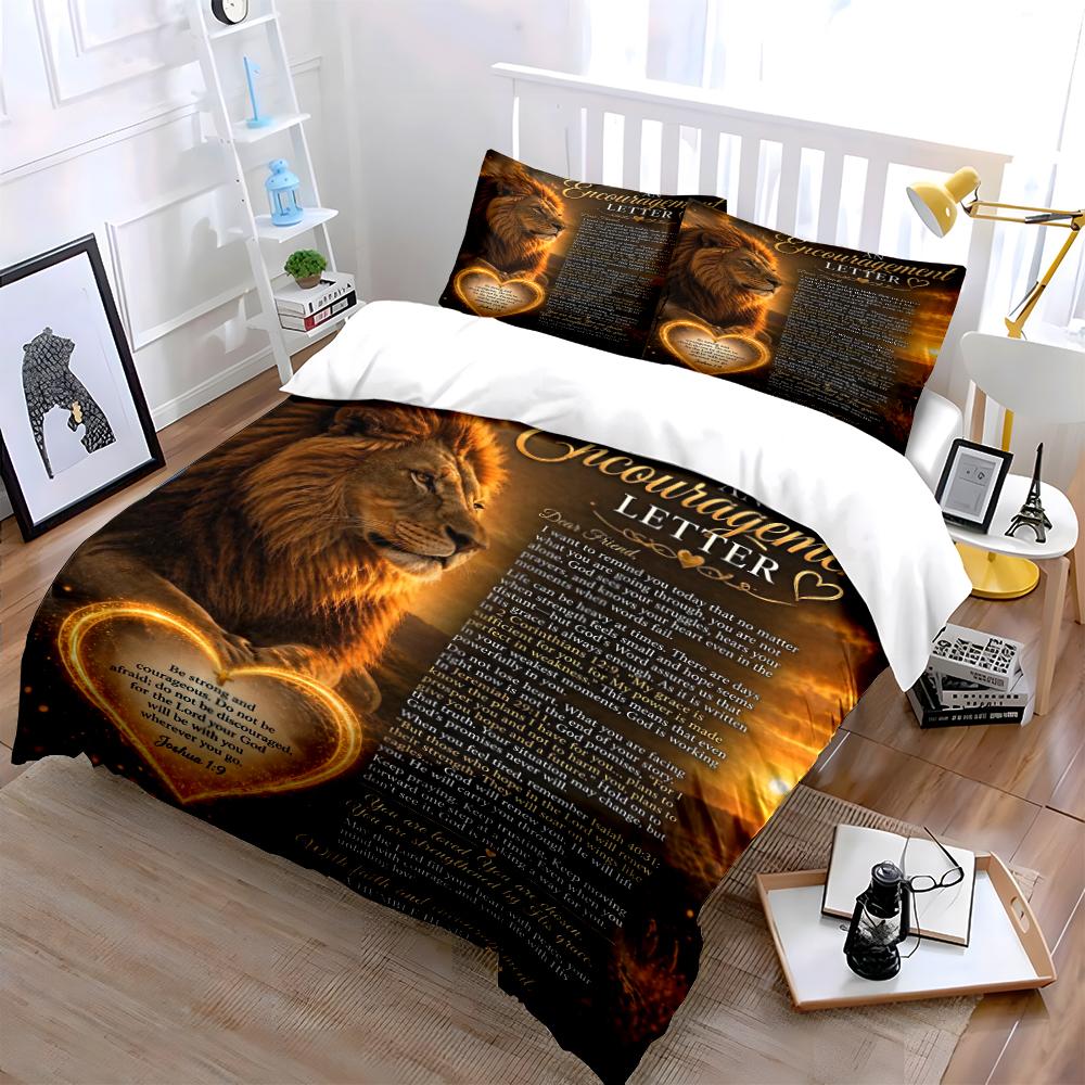 Lion Print with Encouragement Letter Design Bedding Set (1 Duvet Cover, 2 Pillowcases, Duvet Not Included)