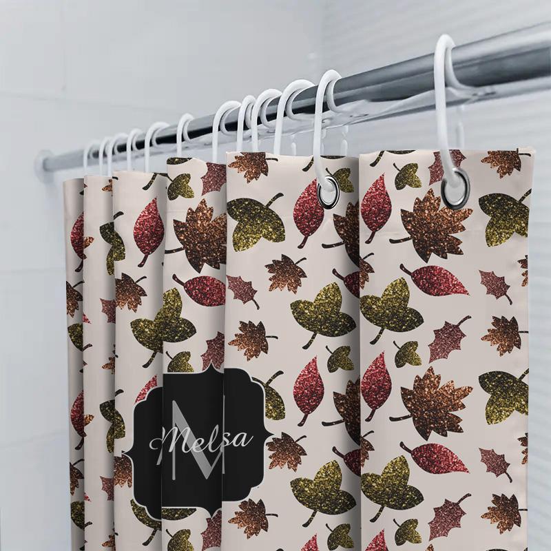 Shower Curtain Featuring Autumn Leaves Pattern With Glittery Finish, Name Monogram In