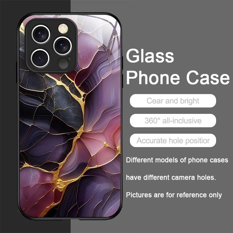 Stylish Purple-Crystal Marble Texture Tempered Glass Phone Case for IPhone 17 16 Pro Max 15 14 13 12 Mini 11 X XS 7 8 Plus Cover