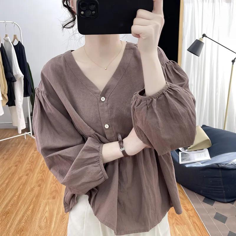 

Women Summer Brown V Neck Button Front Puff Sleeve Loose Blouse M коричневый