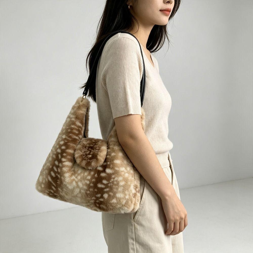 Deer Spot Fluffy Shoulder Bag Leopard Print Women Handbag Elegant Plush Tote Bag  Dating