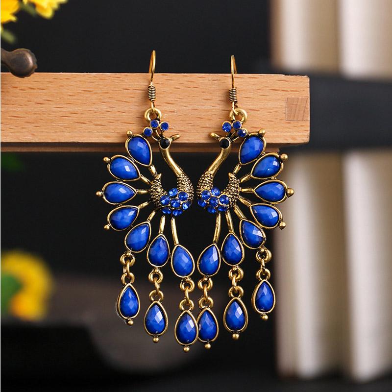 Ethnic Vintage Peacock Earrings for Women Creative Rhinestone Acrylic Antique Gold Color Animal Earring Party Vacation Jewelry
