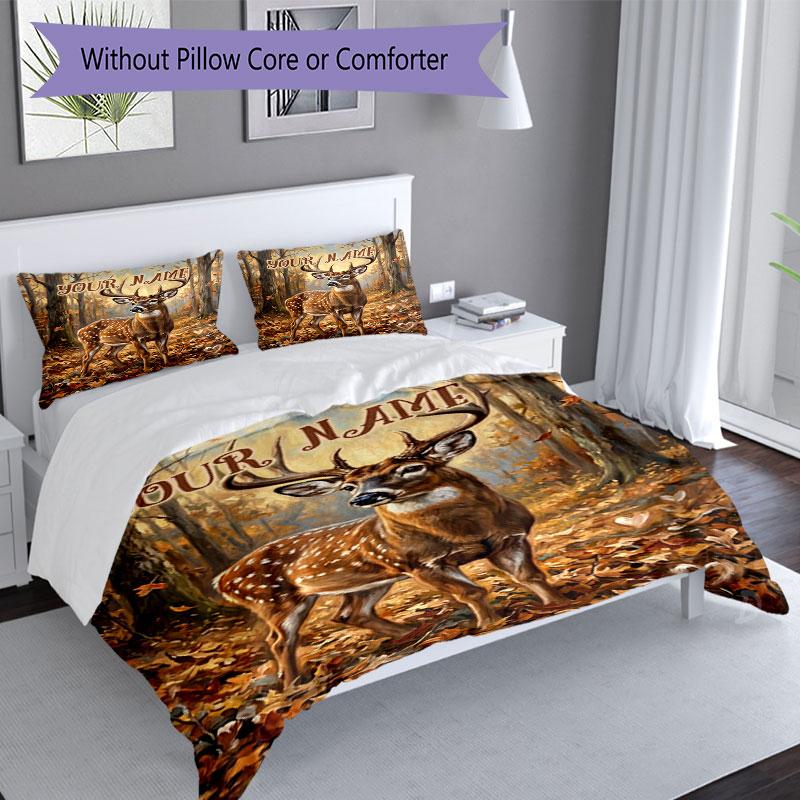 3PC Custom Name Autumn Deer Art Bedding Set Duvet Cover Closure Includes 1 Duvet Cover & 2 Pillowcases for Bedroom