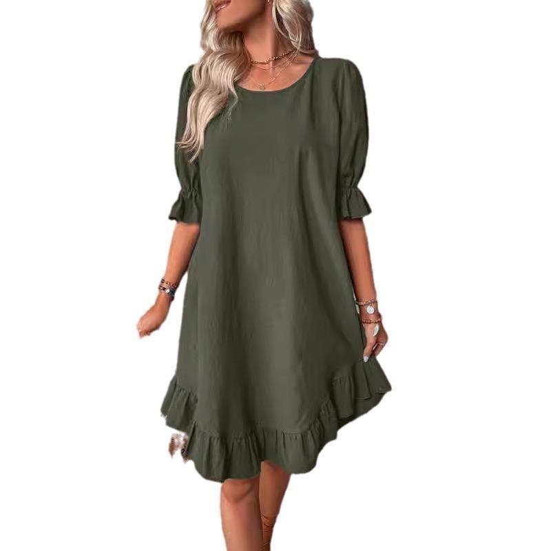 Women's Vintage Cotton Linen Mid Sleeve Solid Colour Loose Round Neck Dresses