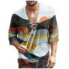 Camisas holgadas con estampado de cuello en V y lino de algodón de media manga corta para hombre
