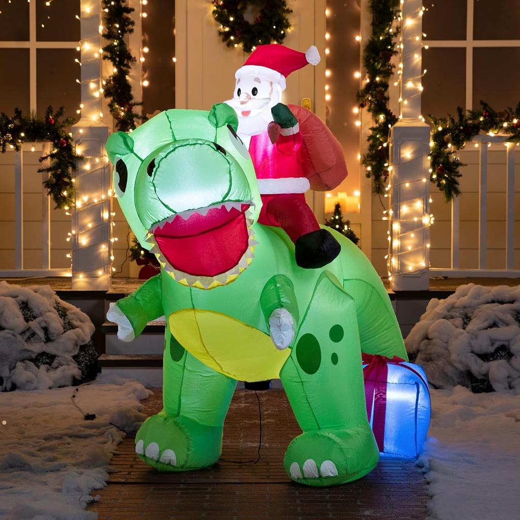 Joyfy 6 FT Christmas Inflatables Santa Dinosaur Outdoor Decorations Christmas Blow Ups Yard with Built-in LEDs for Holiday Party