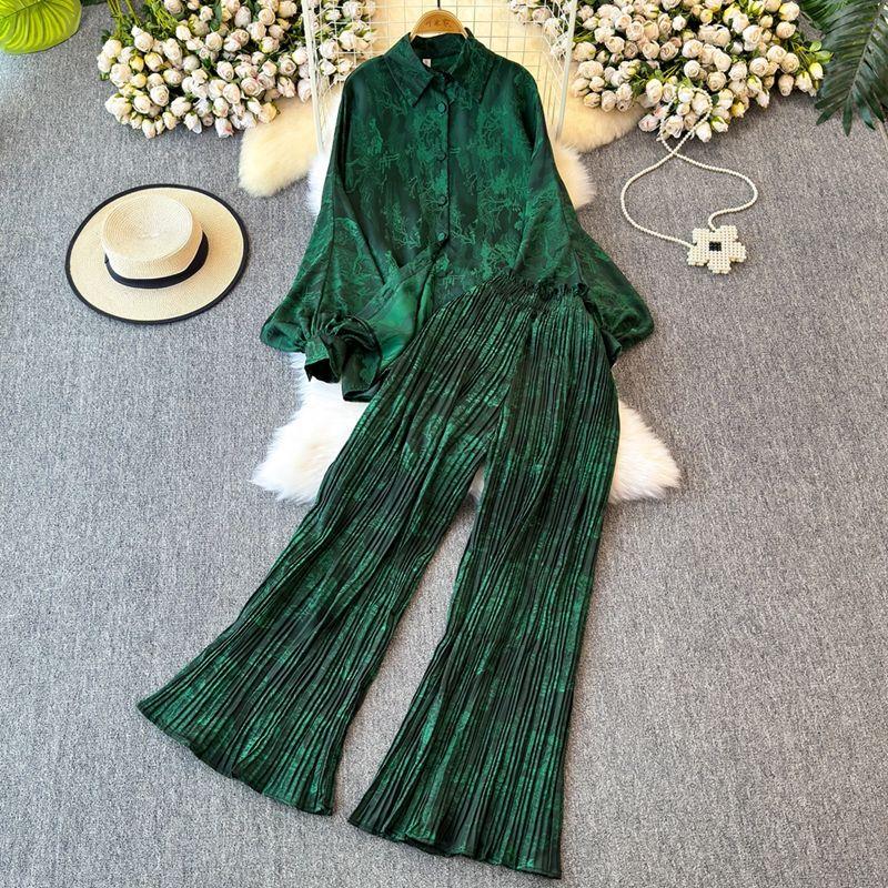

Fashion Suit Women s Fashion Loose Lantern Sleeve Print Shirt Two-piece Set Casual High Waist Pleated Wide-Leg Trousers Spring Green One size