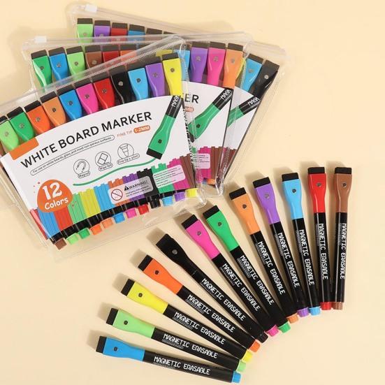 12Pcs Magnetic Liquid Marker Pen Dry Erase Highlighter Pen for Calendar Planning Board Whiteboard Window/Mirror 12 Colors Planner Marking Pen School