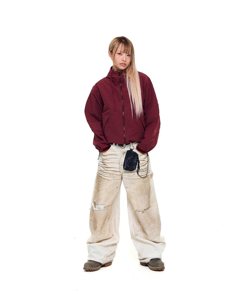 Aakam Check Pattern Hooded Jacket (Burgundy)