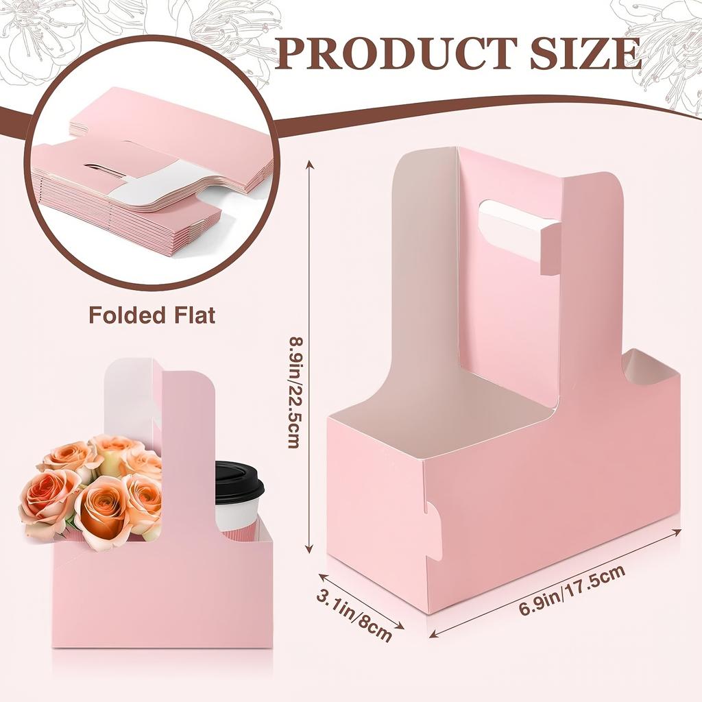 Pink Kraft Flower Gift Bags with Handles | Foldable 2-Cup Floral Wrap Packing Boxes for Weddings, Mother's Day, Anniversaries, and Birthday Parties