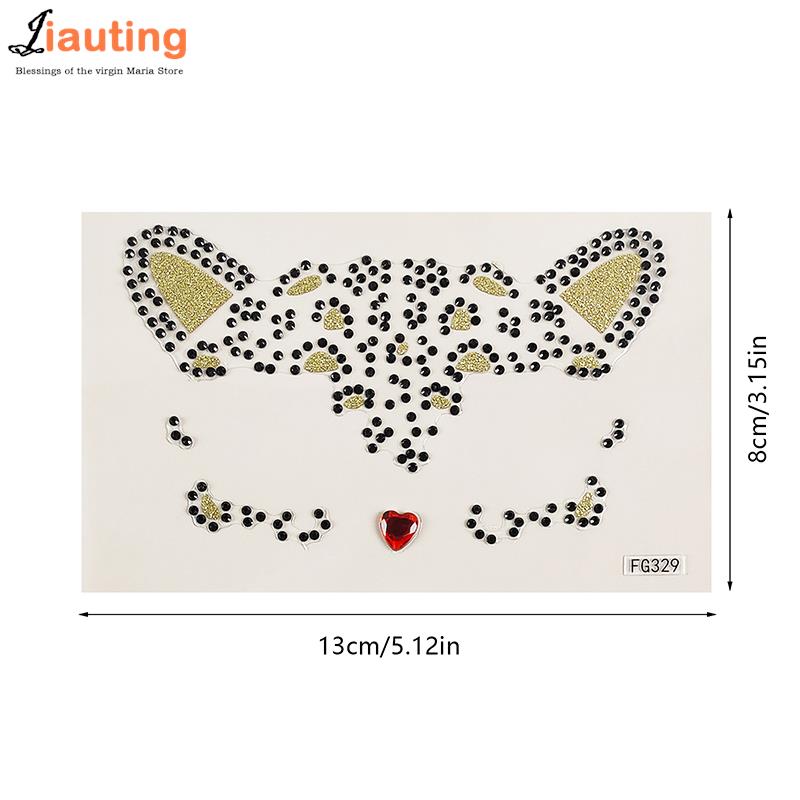 1PC 3D Face Tattoo Stickers Animal Cat Face Decor Temporary Tattoos Fake Tattoo Rhinestones For Woman Party Face Jewels Sticker