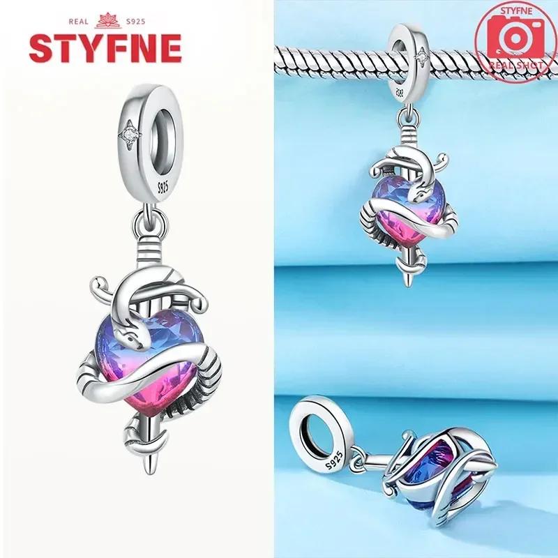 Silver 925 Colored Zircon Heart-shaped Pendant Beads Charm Fit Bracelet Jewelry Making Fine Gift for Women
