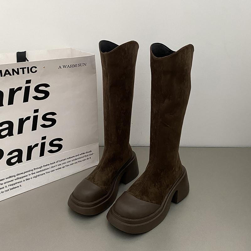 

Дизайнерские современные женские сапоги до колена, модные длинные ботинки с квадратным носком, уличный стиль, элегантные женские туфли на высоком каблуке 35