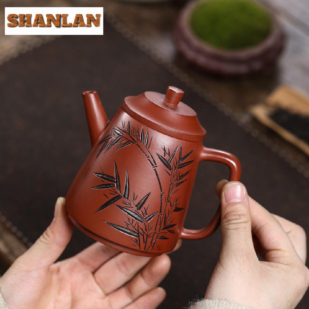 280ml Antike Yixing Lila Ton Teekannen Handgefertigte Bambusblatt Kanne Roherz Roter Leder Drachenschlamm Kessel Sieb Zisha Teeset