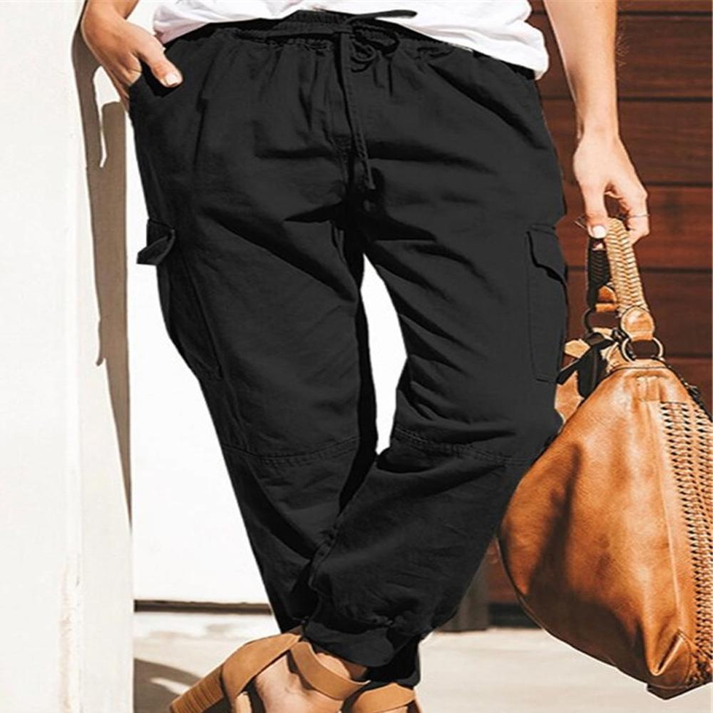 Women Cargo Pants Autumn Spring Elastic Waist Pocket Armygreen Black Gray Long Trousers