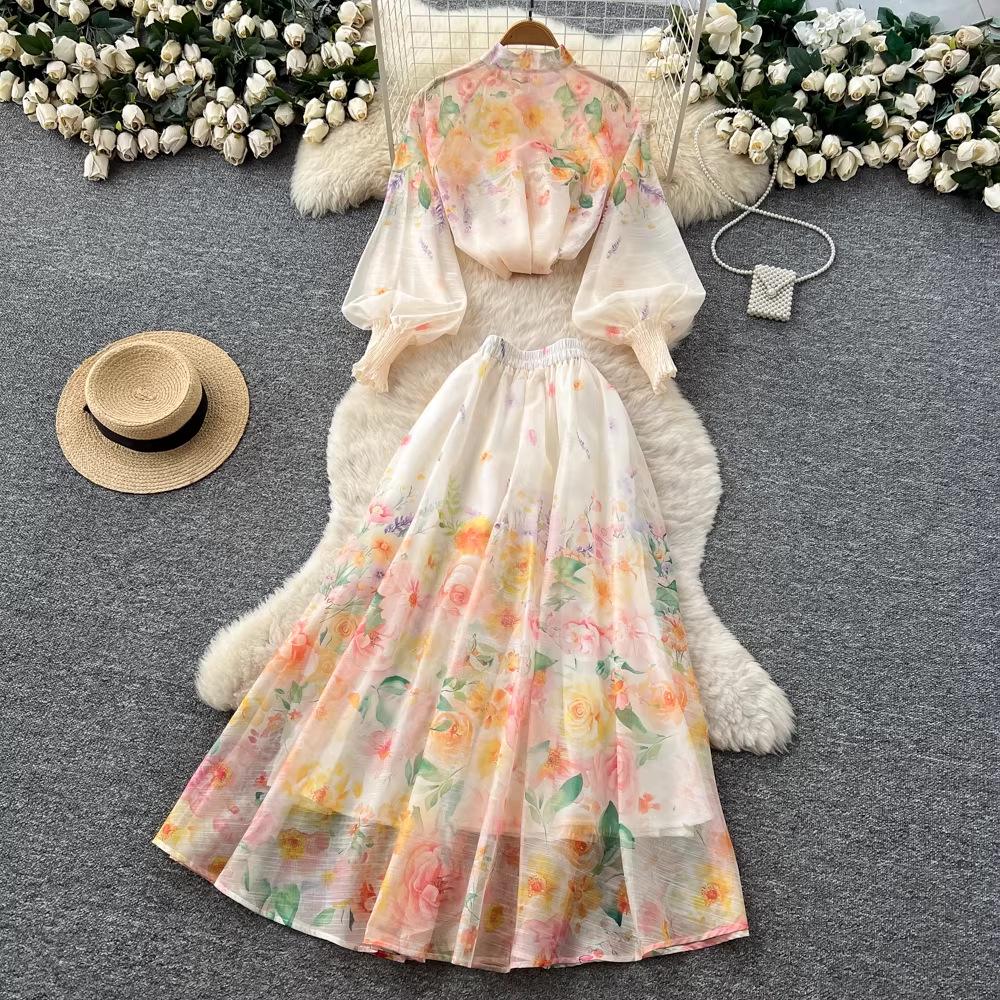 Elegant European Two-Piece Set: Lantern Sleeve Button-Up Top & High-Waist Printed Mesh Skirt