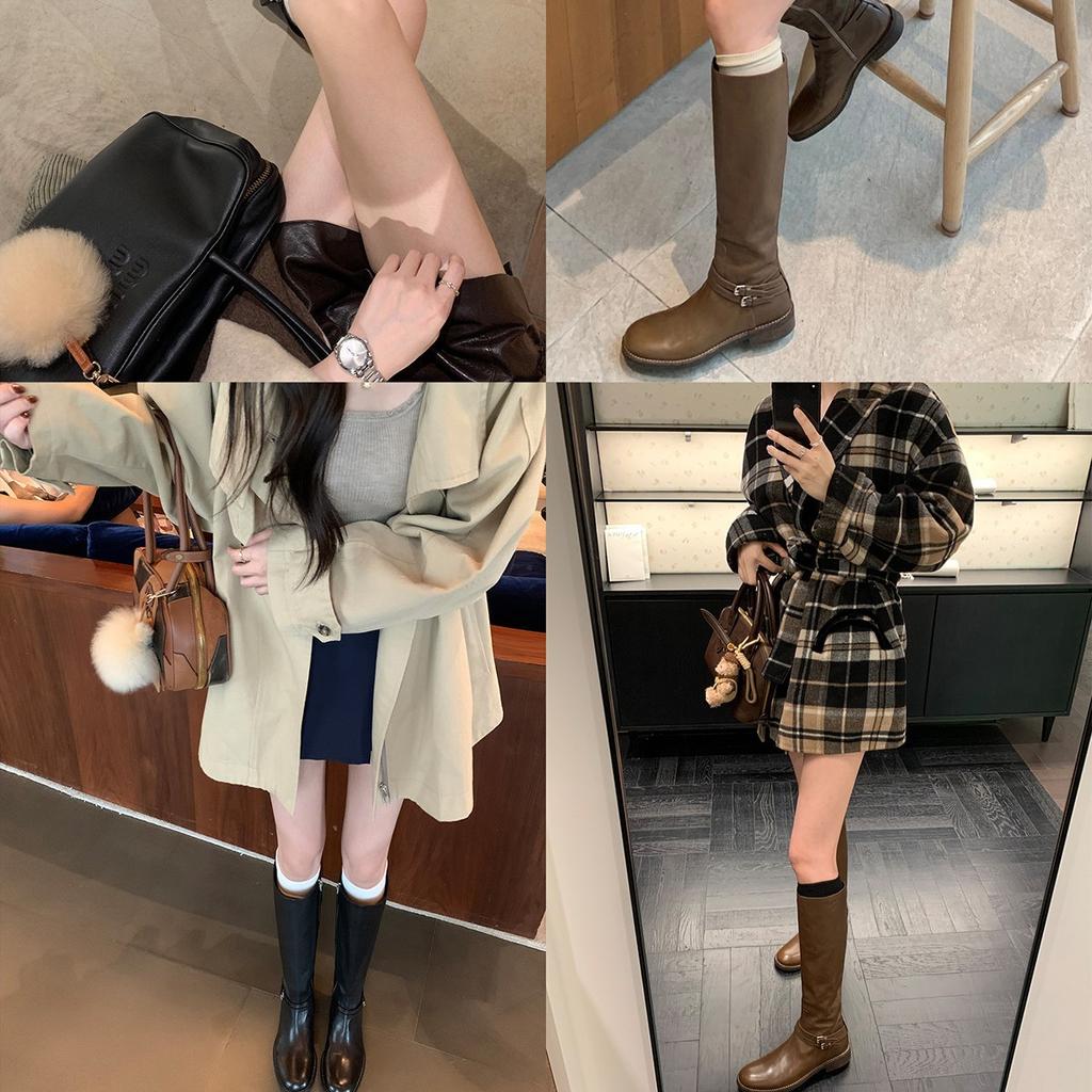 Studiolee Vegetable Tanned Leather Pattern~ Double Buckle with Round Head But Knee Side Zipper Thick Heel Knight Boots Women