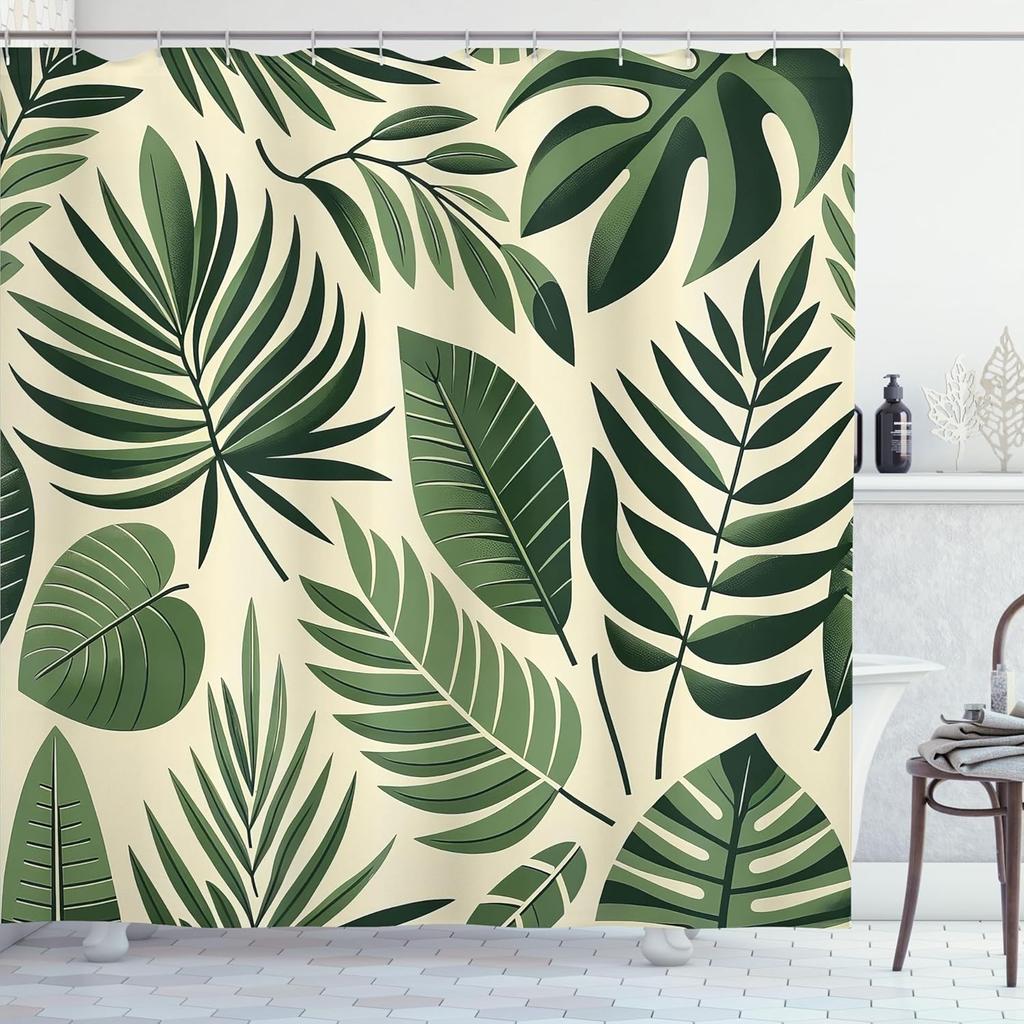 Zasłona prysznicowa w kolorze oliwkowozielonym, Tropikalne liście natury, Nowoczesny styl boho w odcieniach szałwii, Nadruk liści, Tkanina, Łazienka D