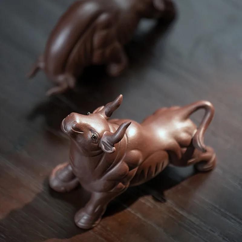 Yixing Purple Clay Tea Pet Decor Chinese Zodiac Lucky Cattle Figurine Desktop Ornaments Handmade Sculpture Tea Set Decoration