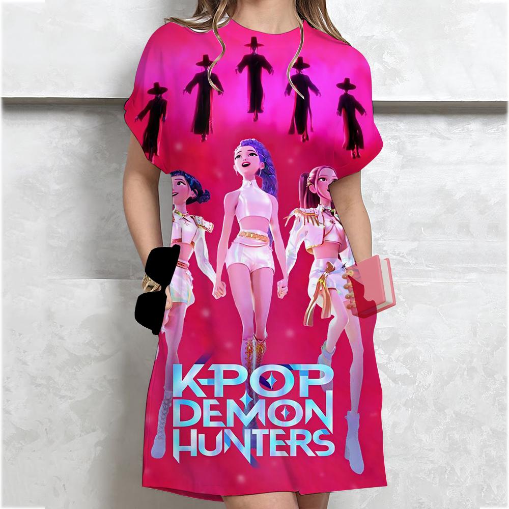 Kpop Lovec Démonů Huntrix Šaty Pro Ženy Módní Dámské Ležérní Šaty S Květinovým Potiskem Elegantní Výstřih Do V Volné A-Liniové Boho Plážové Šaty