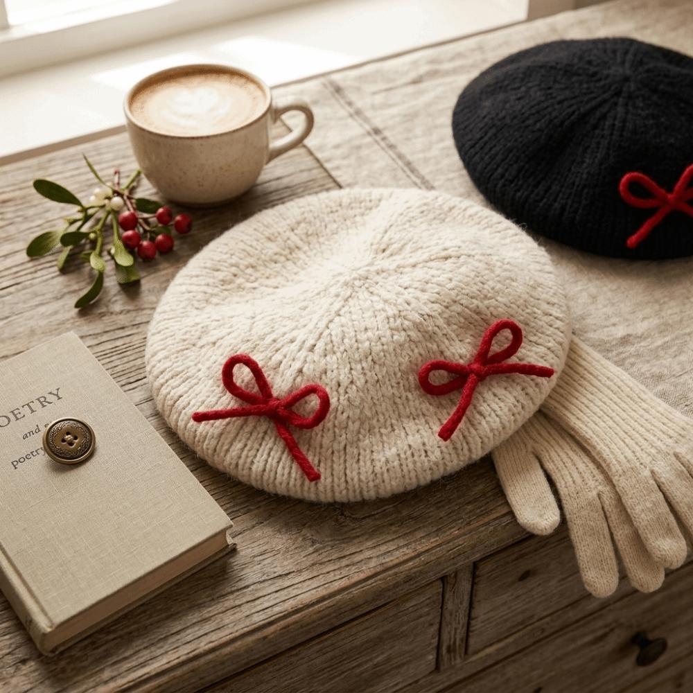 56-58cm Warm Fall Winter Hat Cold Proof Cotton Painter Beret Hat Bow Knitted Beret Hat For Women