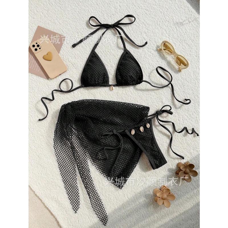 Women Three Piece Split Skirt Bikini Sexy Solid Color Bathing Suit S