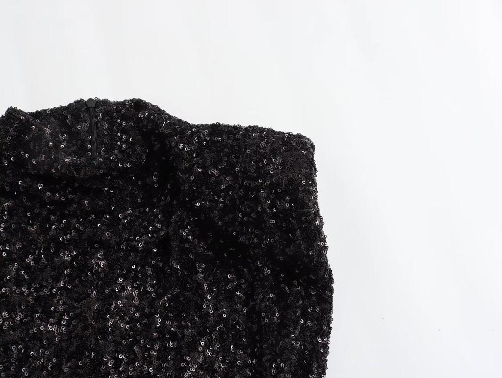Y2K Winter Schwarzes Pailletten-Mini-Kleid mit Schulterpolstern - Ärmellose Abendgarderobe