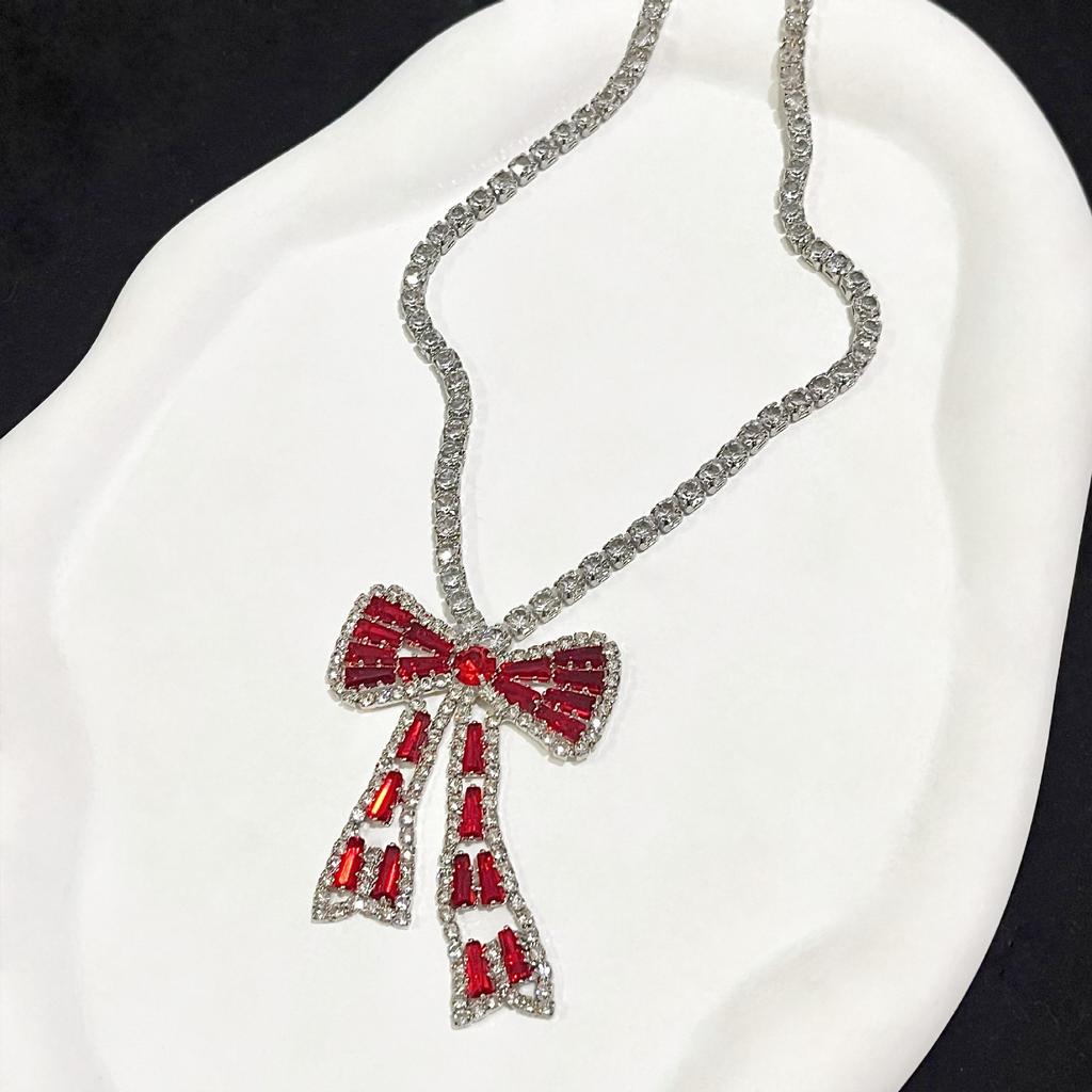 Korean Bow Necklace Ins Full Diamond Tassel Temperament Light Luxury Rhinestone Simple Neck Chain Collarbone Chain Fashion Jewelry