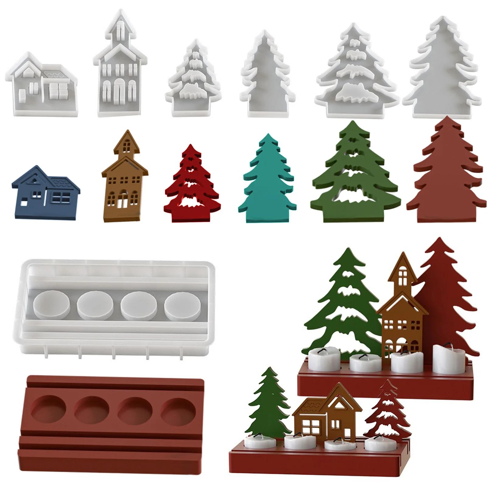 Christmas Tree House Candle Holder Silicone Mold Set DIY Christmas Ornament Cement Plaster Casting Craft Making Decoration Mold