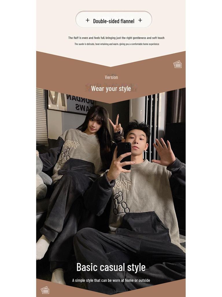 Autumn/Winter Flannel Pajamas: Cozy Round Neck Homewear for Youthful Men and Women