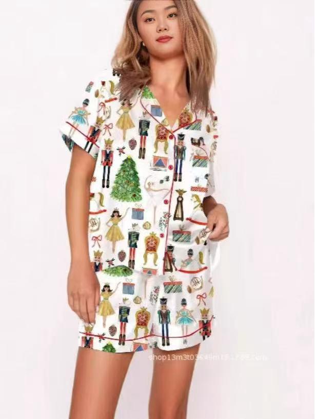 2025 Grenzüberschreitender Weihnachts-Pyjama: Druck Umlegekragen Kurzarm Shorts Hausanzug Set.
