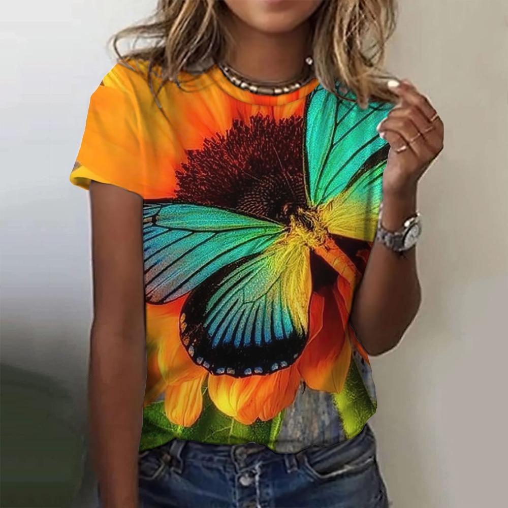 

2025 Летняя модная блузка, женские футболки, футболка с 3D-бабочкой, повседневный топ с коротким рукавом, базовая женская одежда больших размеров 5XL