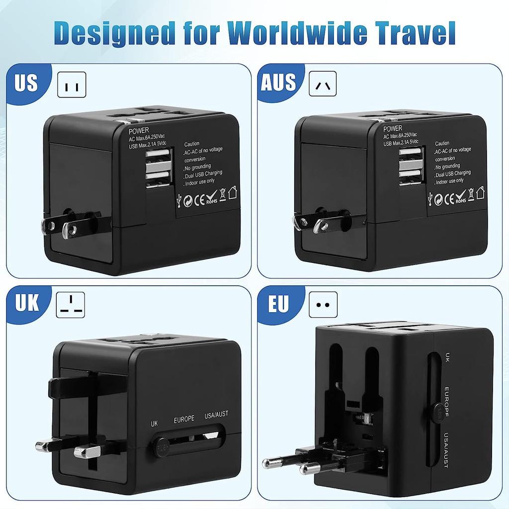 Adaptador de Viagem Universal com 2 Portas USB, Extensão de Energia Tudo-em-Um Mundial para + de 150 Países