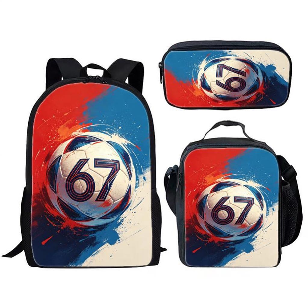 Three Piece Student Backpack Set Includes Backpack Lunch Bag Pencil Case Durable Material Suitable for School Use Sports Theme Design