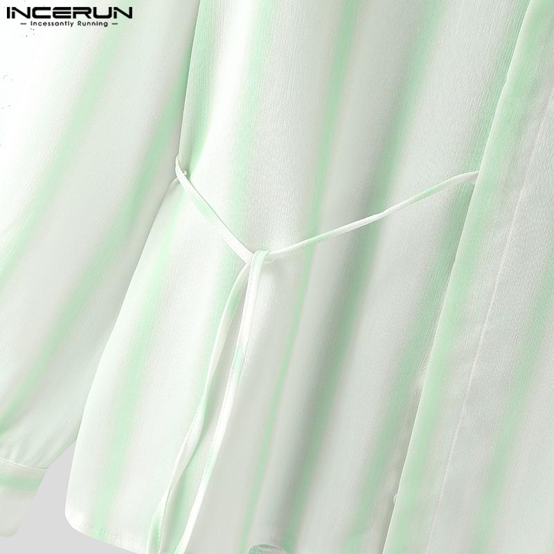 INCERUN Men Lapel Neck Long Sleeve Striped Side Lace-up Casual Oversized Shirts