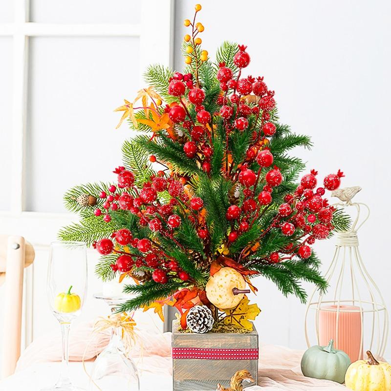 Red Christmas Artificial Berry Stems Xmas Tree Fake Flowers Ornaments DIY New Year Snow Wreath Crafts Berries Decoration