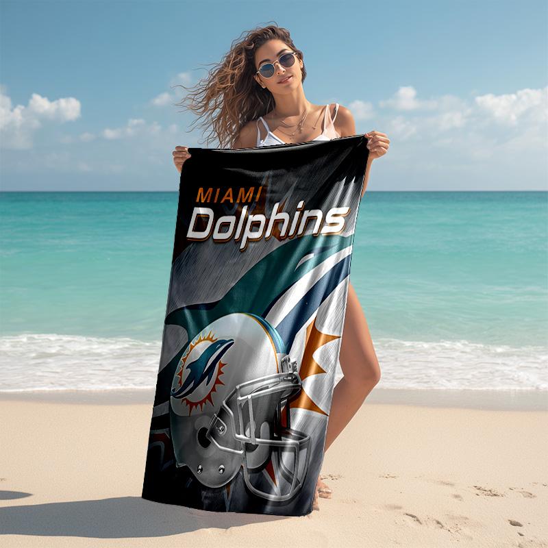 proof beach towel with Miami Dolphins logo pattern - soft,absorbent,quick-drying,machine washable - perfect for swimming,camping,bathing