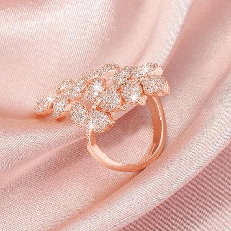 Huitan Rose Gold Color Leaf Shaped Resizable Opening Rings for Women Temperament Elegant Female Ring Wedding Party Trend Jewelry