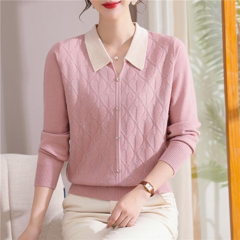 

2026 Spring/Autumn Long-Sleeved Knit Top for Middle-Aged Women - Age-Reducing Base Layer L (90-110 lbs) розовый