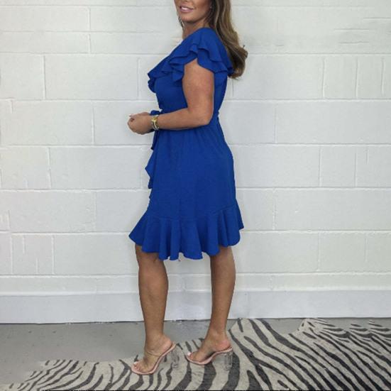 Women's Summer V-Neck Mini Dress Ruffle Cap Sleeve Short Wrap Dress Casual Beach Vacation