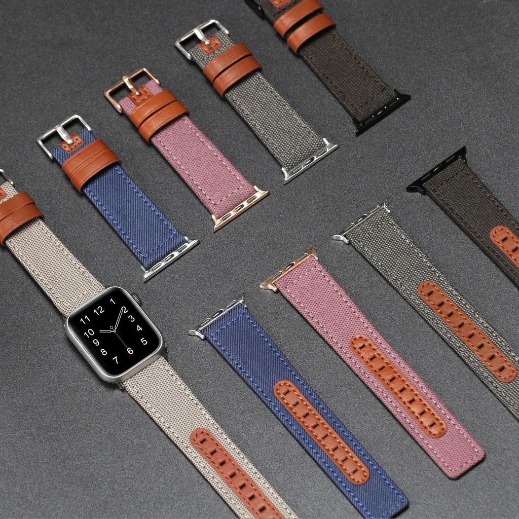 Watch Strap for Apple Watch Series 10 Ultra 9 8 7 SE 6 5 4 3 2 1 46mm 49mm 45mm 44mm 42mm Canvas+Genuine Cow Leather Band