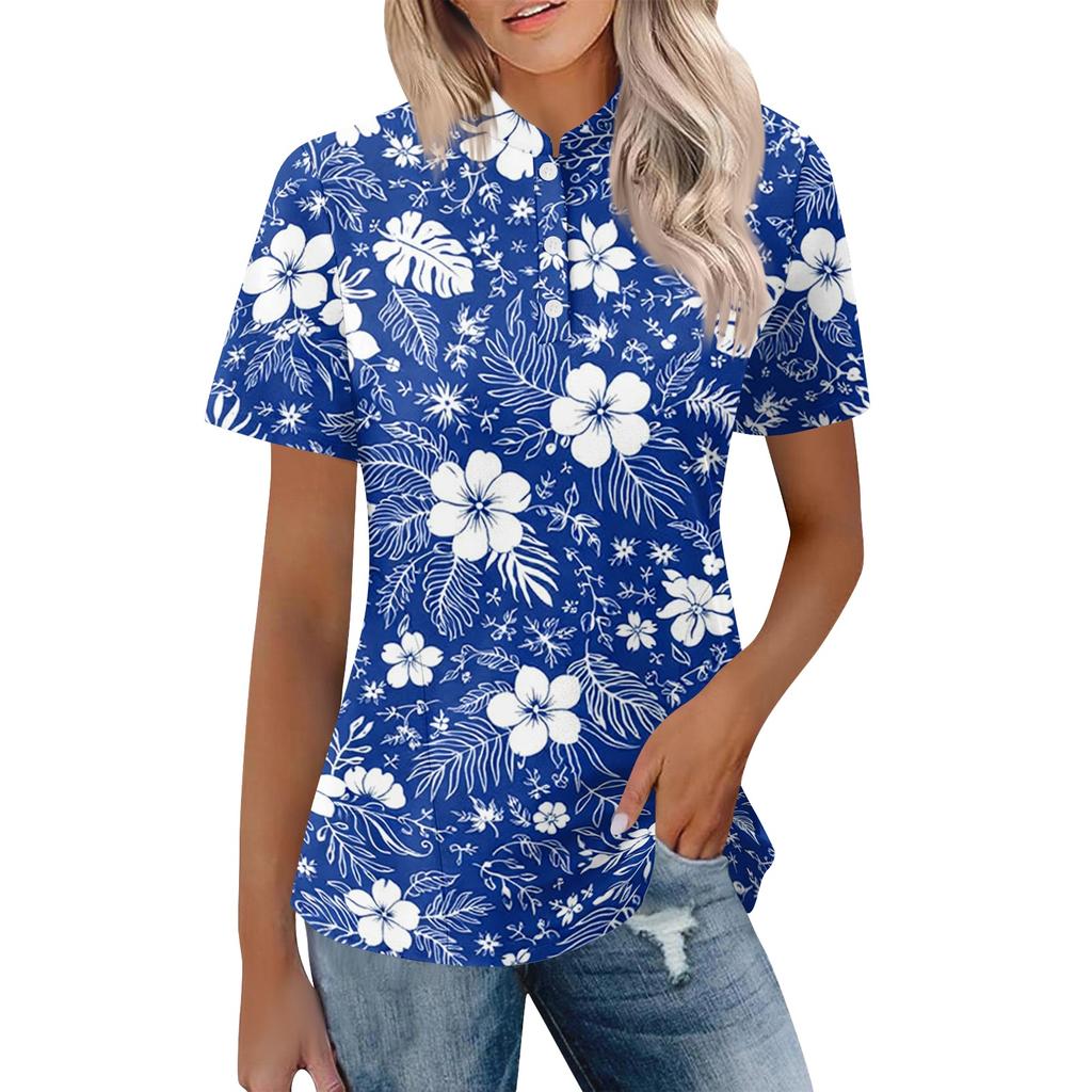 Women's Casual Polo Collar Short Sleeve Top Loose Fit Tropical Leaf Floral Print Shirt Summer Lightweight Blouse