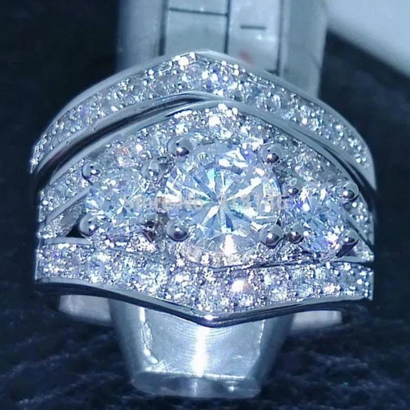 

2Pcs Fashion, Inlaid with Synthetic Zircon, Fashionable Round Two-piece Set, Simple Ring Creative Fashion Ring 10 серебряный