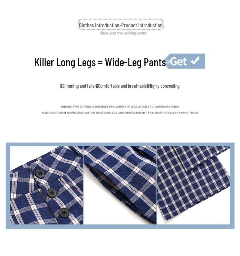 Damen Amerikanisch Blau & Weiß Karierte Hose mit Weitem Bein - Sommer 2025 Locker Geschnitten, Einreihig, Bodenlang
