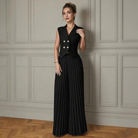 Damen 2-teilige Westen-Sets Ärmellos Knopfleiste Crop Blazer Weste Und Weite Faltenhose