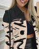 Autumn and Winter Women's New Fashion High Street Long Sleeve Zipper Color Block Print Polo Collar Versatile Coat